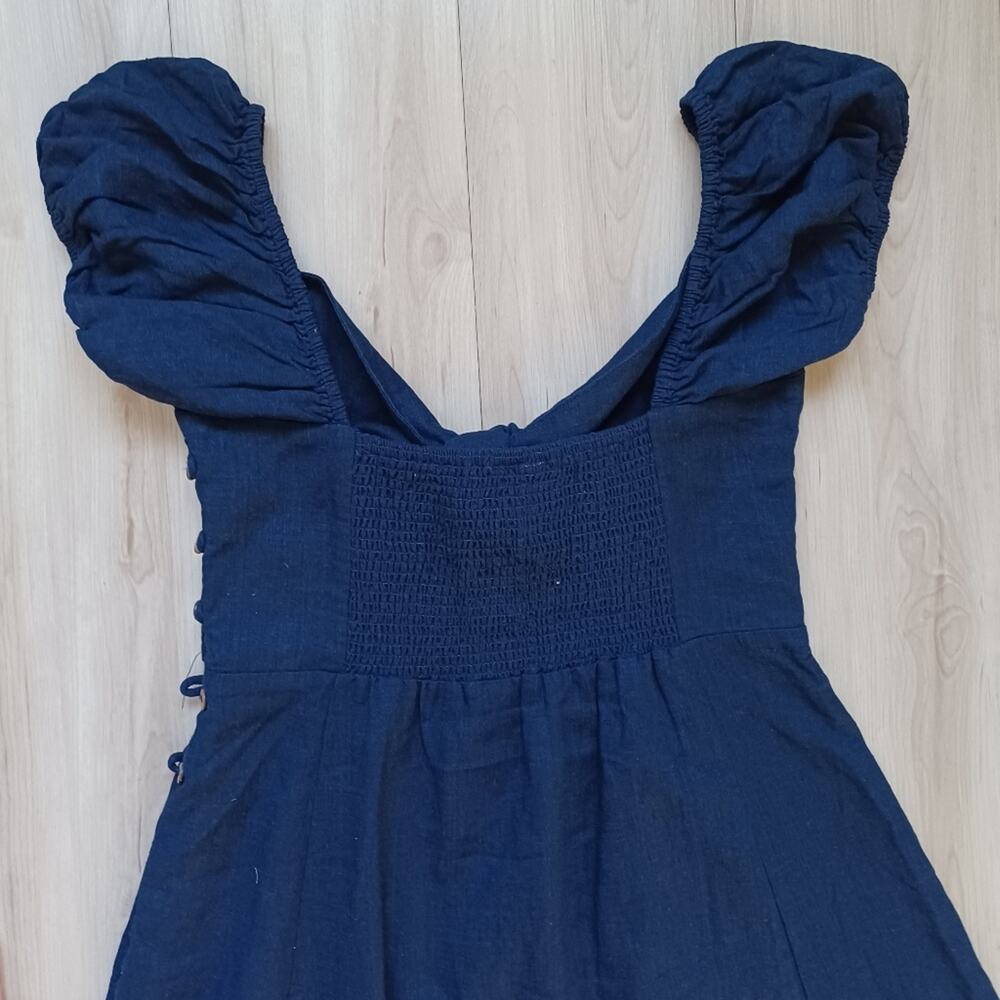 Vici Skylar + Madison Linen Maxi Dress Puff Sleeves Cutout Navy Size M NWT - Picture 9 of 13